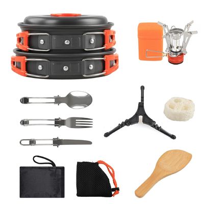 Kit de cuisine de camping en alliage d'aluminium avec accessoires à cuillère en bois et poêle à dos