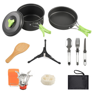 Kit de cuisine de camping en alliage d'aluminium avec accessoires à cuillère en bois et poêle à dos