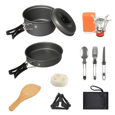 Kit de cuisine de camping en alliage d'aluminium avec accessoires à cuillère en bois et poêle à dos