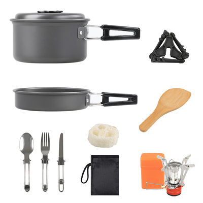 Kit de cuisine de camping en alliage d'aluminium avec accessoires à cuillère en bois et poêle à dos